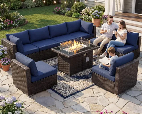 Miniatura 25 de BULEXYARD Juego de muebles de patio de respaldo alto de 7 piezas con mesa de fogata de combustible dual propano/gas natural, sofá seccional