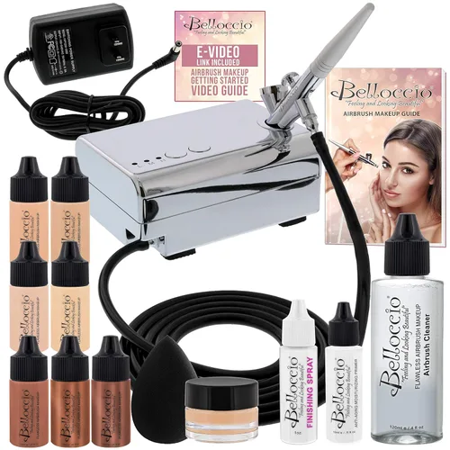 Miniatura 12 de Belloccio - Sistema de maquillaje profesional para aerógrafo de belleza con 4 tonos medianos de base en botellas de 1/4 onza – el kit incluye rubor
