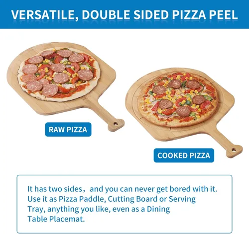 Miniatura 4 de Fiery Chef Pala de pizza de bambú de 12 pulgadas, tabla de cortar de madera ligera y lisa con 8 ranuras para rebanadas, accesorios para horno