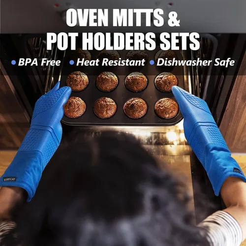 Miniatura 5 de Rorecay Juego de 6 manoplas para horno y soportes para ollas para cocina, guantes de horno de silicona extra largos y antideslizantes resistentes al
