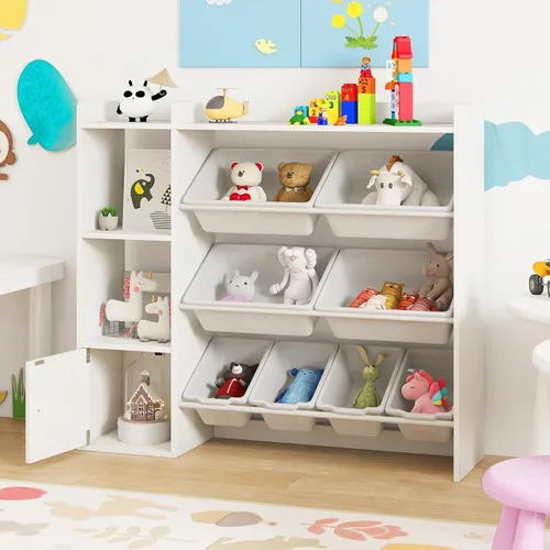 Costzon Organizador de almacenamiento de juguetes para niños con 8 contenedores, estantería de madera para niños pequeños con estantes abiertos y