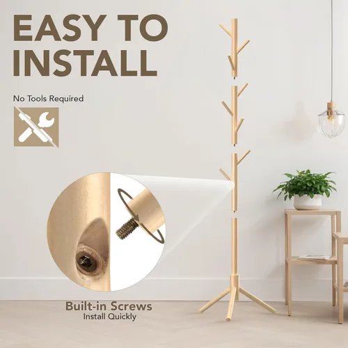 Miniatura 4 de Hupmad - Perchero de árbol de madera, perchero resistente independiente con 8 ganchos, 3 alturas ajustables para niños y adultos, árbol de pie