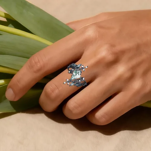 Miniatura 3 de Black Glod - Juego de anillos de compromiso de ágata musgo natural para mujer, anillo de compromiso de aniversario, plata de ley 925 o anillo