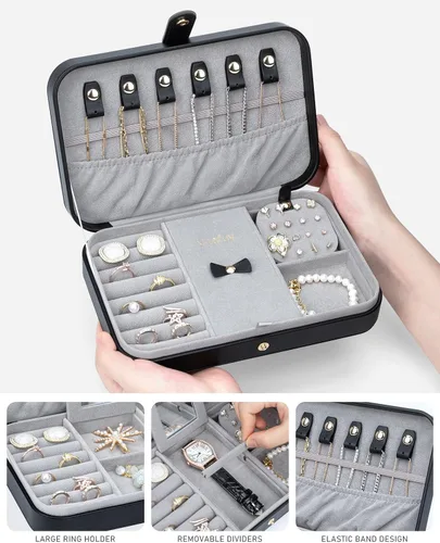 Miniatura 52 de Joyero pequeño, joyero de viaje portátil para mujer, mini organizador de viaje de 2 capas, regalo para mujeres y niñas, negro A