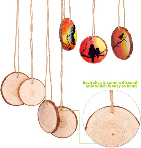 Miniatura 3 de Fuyit Juego de 25 rebanadas de madera natural de 3.1 a 3.5 pulgadas, sin acabar, preperforadas con agujero, círculos de madera, rebanadas de árbol
