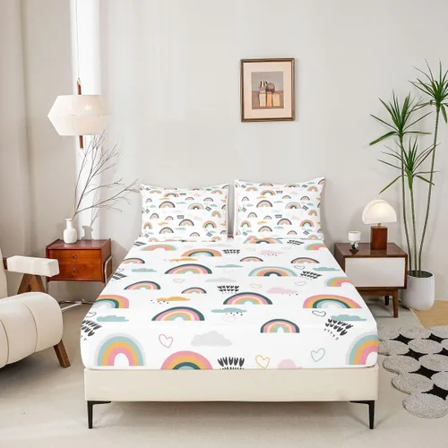Miniatura 6 de Erosebridal Juego de ropa de cama arcoíris para niñas, sábana de amor en forma de corazón rosa, sábana ajustada con nubes de dibujos animados
