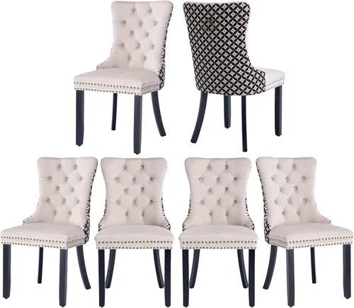 Miniatura 11 de Juego de 2 sillas de comedor de terciopelo, silla de comedor tapizada de alta gama con tirador de anillo en la espalda, adorno de clavos y patas