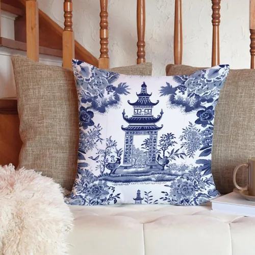 Miniatura 6 de ArogGeld Chinoiserie - Funda de cojín con diseño de pagoda asiática azul índigo, diseño cuadrado de flores y pagoda asiática, para oficina, silla