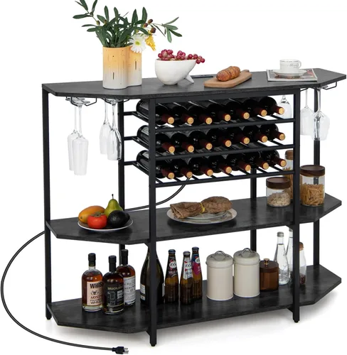 Giantex Armario de mesa de bar con toma de corriente y puerto USB, estante para vino para 21 botellas y soporte para vidrio, mini barra de café de 3