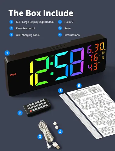 Miniatura 8 de MASHI Reloj digital grande de montaje en pared de 17.3 pulgadas, reloj digital con control remoto, alarma, LED grande, color RGB, DST, temperatura