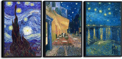 Miniatura 23 de Wieco Art 3 Paneles de Impresiones en Lienzo de Pinturas de Vincent Van Gogh Reproducción Noche Estrellada sobre el Ródano Terraza del Café por