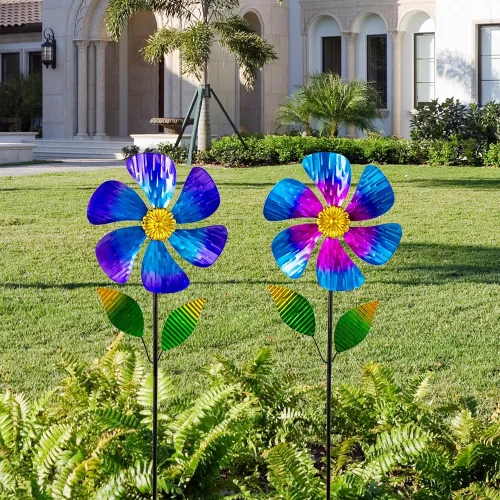 Miniatura 2 de Viveta Paquete de 2 molinos de viento de jardín, molino de viento de metal de flores de 35.4 pulgadas, escultura de viento rosa y azul, molinetes