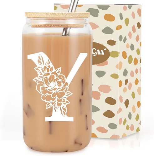 Taza de Vidrio Inicial Coolife, Regalos Personalizados con Monograma para Mujeres, Tazas de Vidrio de 16 oz con Tapas y Popotes, Taza de Café