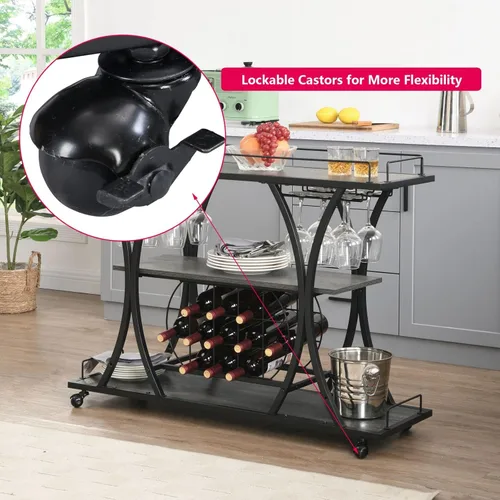 Miniatura 6 de mikibama Carrito de bar industrial de metal móvil de madera para el hogar, pequeño carrito de bar rústico con estante para vino y estantes