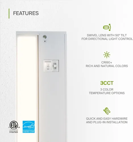 Miniatura 3 de ASD Iluminación LED giratoria para debajo del gabinete con enchufe o cableado de 48 pulgadas, luces regulables debajo del gabinete con interruptor