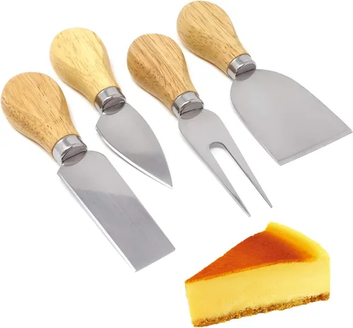Miniatura 4 de Honbay Juego de 4 cuchillos de queso de acero inoxidable de viaje, cortadores de queso, cuchillos de queso con mango de madera para mantequilla