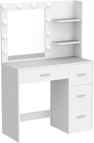 Miniatura 4 de Rovaurx Escritorio de tocador con espejo y luces, mesa de tocador de maquillaje con estantes de almacenamiento y 4 cajones, tocador de dormitorio