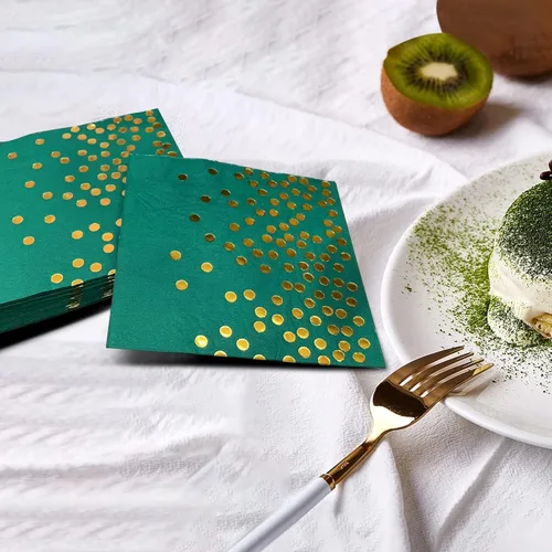 Miniatura 2 de Paquete de 100 servilletas desechables de cóctel verdes, servilletas de papel verde y dorado para boda, cumpleaños, aniversario, graduación