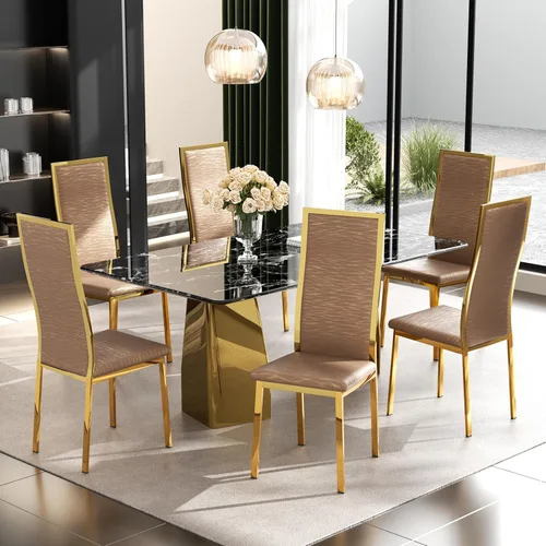 Miniatura 14 de Juego de 4 sillas de comedor modernas, de piel sintética blanca con patas de metal cromado dorado, diseño de respaldo alto curvo y acolchado