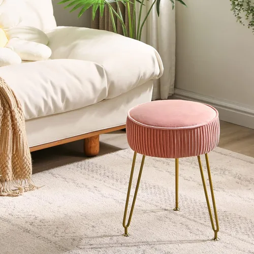 Miniatura 8 de IBUYKE Reposapiés Otomano Redondo de Terciopelo, Taburete de Tocador de Maquillaje Mesa Auxiliar, Asiento de Mesa de Tocador de Terciopelo, Taburete