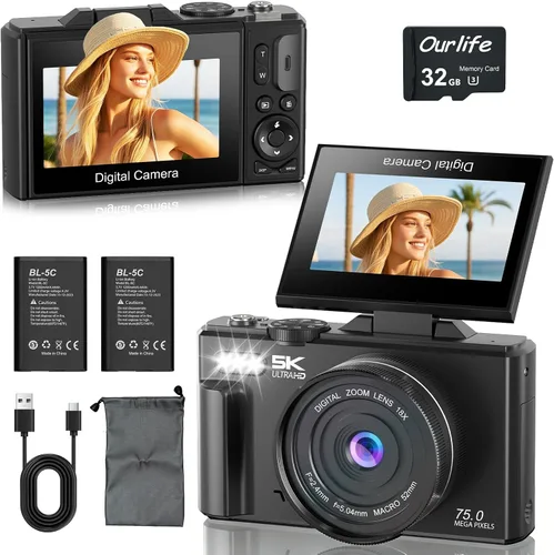 Ourlife Cámaras para fotografía, 5K 75MP Autofocus Vlogging Cámara para YouTube con zoom de 18X, 3 pulgadas de pantalla abatible Cámara digital
