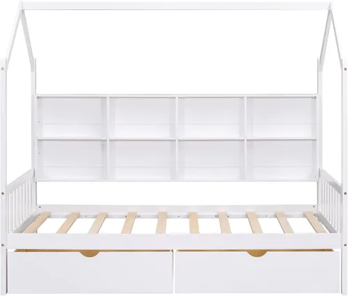 Miniatura 4 de SOFTSEA Cama de casa de tamaño individual para niños, sofá cama de madera con cajones de almacenamiento, marco de cama individual con estantería