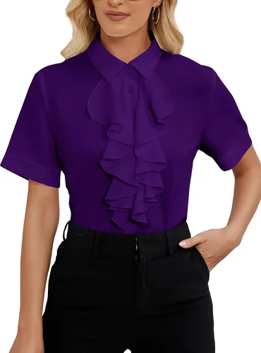 Miniatura 11 de Vrtige Women's Ruffle Front Collar Neck Button Down Short Sleeve Blouse Shirt Top
