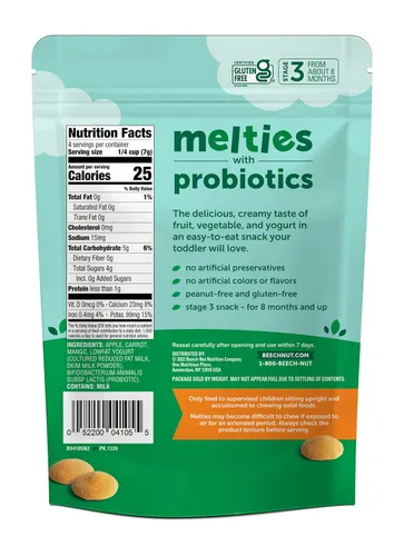 Miniatura 2 de Beech-Nut Probiotic Melties - Bocadillos derretidos para bebés y niños pequeños, yogur de manzana, zanahoria y mango, 1 onza (paquete de 7)