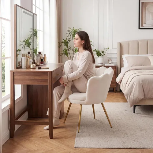 Miniatura 4 de chairus Silla de tocador de maquillaje blanca crema con respaldo, pequeña silla moderna tapizada de terciopelo con patas de metal dorado, bonita