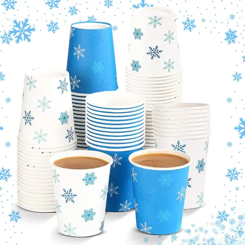 Miniatura 12 de Funtery 100 piezas de vasos de papel de Navidad, vasos de café desechables de Navidad con copos de nieve, muñeco de nieve, alce, luces, 9 onzas