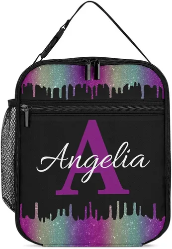 Miniatura 14 de Bolsa de almuerzo con nombre personalizado para hombres y mujeres, con monograma de purpurina azul, hielera, portátil, con nombre, para niñas, azul