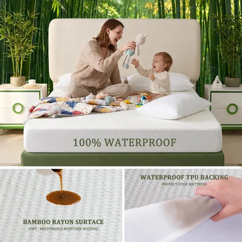 Miniatura 2 de Protector de colchón impermeable tamaño individual – Funda de colchón de viscosa de bambú refrescante, tela de aire 3D silenciosa, bolsillo profundo