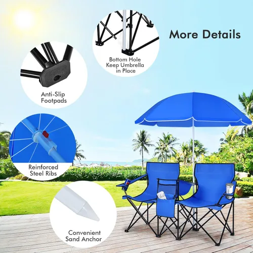 Miniatura 9 de LDAILY LUARANE - Silla plegable doble para campamento, sillas de picnic al aire libre con paraguas extraíble, mini mesa, portavasos y bolsa de Azul