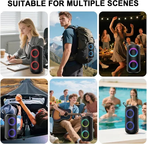 Miniatura 8 de Hupoaf Altavoz Bluetooth, altavoz inalámbrico portátil 2026 con sonido fuerte 6D, IPX7 impermeable, llamada HD, luces RGB, tiempo de reproducción