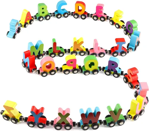 Wondertoys - Tren de juguete de madera del alfabeto con 27 piezas, juego de tren magnético de madera del alfabeto ABC