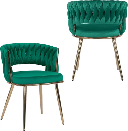 Miniatura 13 de KCC Juego de 2 sillas de comedor modernas de terciopelo, sillas tapizadas para sala de estar con respaldo tejido y patas de metal dorado, silla