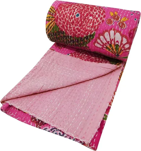 Sophia-Art Colcha reversible de frutas indias para cama individual/king con patrón Gudri de algodón puro estilo Kantha, colcha decorativa con Rosa