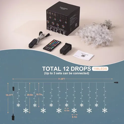 Miniatura 5 de Luces de Navidad inteligentes de copo de nieve, 156 luces LED de 12 gotas de 3.5 m, enchufe, control remoto por aplicación con 16 millones