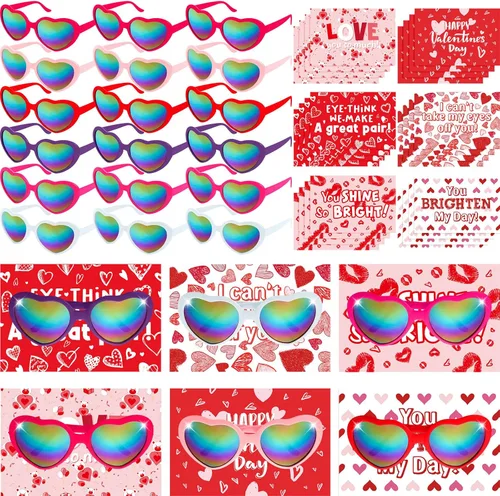Miniatura 7 de Kathfly 30 juegos de tarjetas de San Valentín con lentes de sol de corazón a granel para regalos unisex (lentes de corazón rosas)