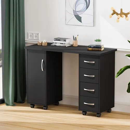 Miniatura 7 de OmySalon Mesa de Manicura con Gabinete, Cajones, Ruedas y Reposamuñecas, Estación de Trabajo de Madera para Salón de Spa y Belleza, Equipo de Arte