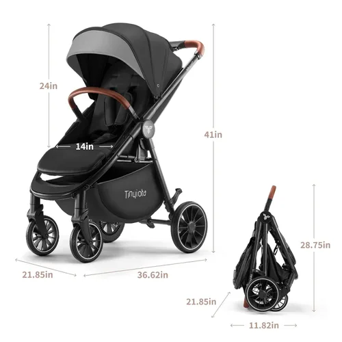 Miniatura 5 de Cochecito Tinyiota para bebés, cochecitos para niños pequeños con gran dosel UPF 50+, cochecito de bebé de lujo con asa de cuero y asiento Negro