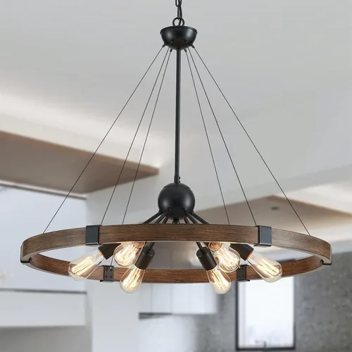 Miniatura 11 de XINGQI Lámpara de araña grande de 38 pulgadas con ruedas de carro, moderna lámpara colgante de níquel cepillado, 8 luces rústicas para comedor, sala