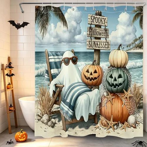 Miniatura 26 de HVEST Cortina de ducha de Halloween, linterna de calabaza y gnomo, cortina de ducha de baño, cortina de ducha de murciélago y araña, decorativa