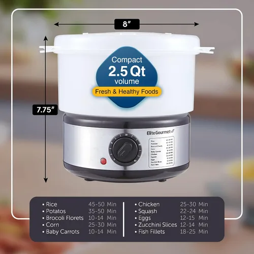 Miniatura 6 de Elite Gourmet EST250 - Mini vaporizador eléctrico compacto de alimentos y vegetales de 2.5 cuartos, 400 W con bandeja sin BPA, temporizador