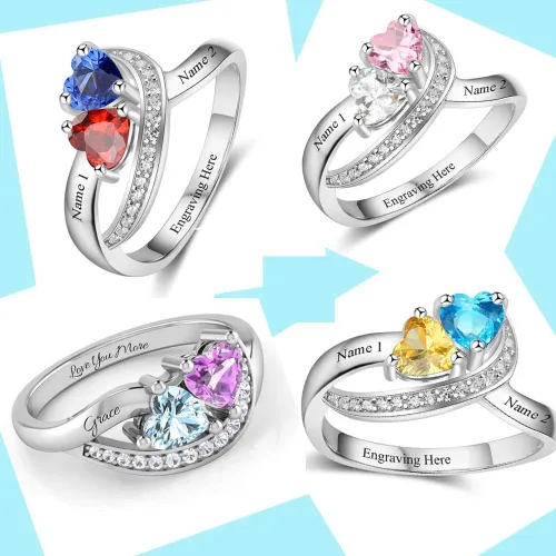 Miniatura 3 de Diamondido Anillos con nombre personalizado, 2 piedras natales de imitación, anillos de promesa para mujeres, parejas, anillos de compromiso, Piedra