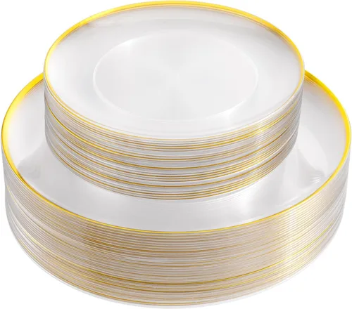 Miniatura 20 de LIYH - 120 platos de plástico azul bebé con borde dorado, platos desechables de plástico azul claro, incluye 60 platos llanos de 10.25 pulgadas y 60