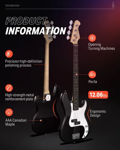 Miniatura 4 de Donner Guitarra eléctrica de bajo de 4 cuerdas tamaño completo estilo estándar PB para principiantes color negro para principiantes con lección