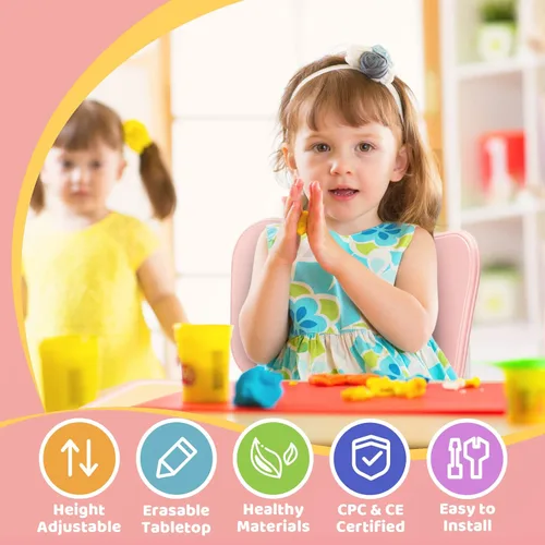 Miniatura 2 de FUNLIO - Juego de mesa y 2 sillas para niños, juego de mesa y silla ajustables en altura para niños de 3 a 8 años, mesa fácil de limpiar para Rosa