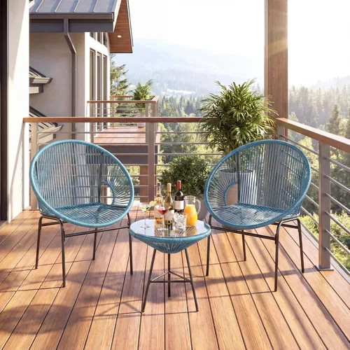 Miniatura 4 de Tangkula Juego de 3 muebles de patio al aire libre, juego de sillas Acapulco con cuerda de plástico, mesa de vidrio templado, juego de bistró
