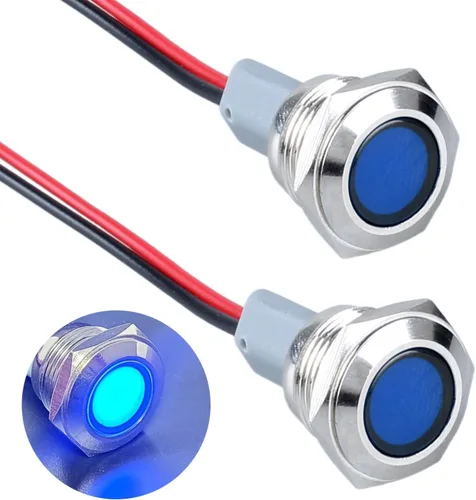 Miniatura 19 de 2 piezas de 16 mm (5/8") luz indicadora LED, 12-24V AC/DC 20mA, lámpara piloto de metal impermeable IP67 de ahorro de energía, lámpara plana de Verde